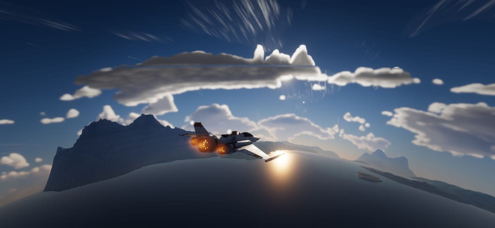 The interceptor flying between clouds above a mountain ridge, the sun low behind it.