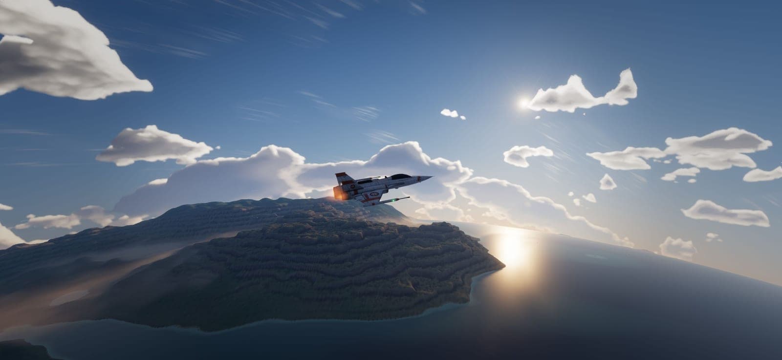 The interceptor crossing a wooded coastline, sunlight glinting off the sea.