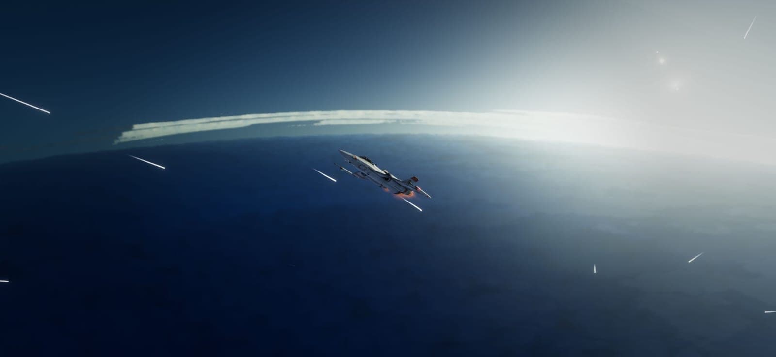 The interceptor diving toward a hazy ocean far below.