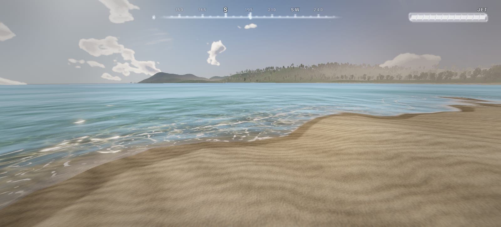 First-person view of a sandy beach and turquoise water, a compass across the top of the visor.