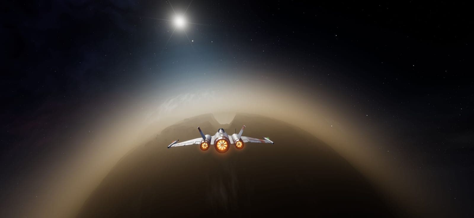 The interceptor descending into a golden haze, the sun overhead.