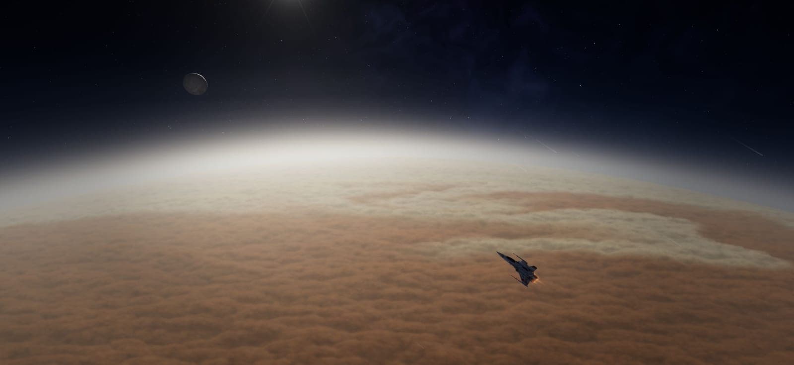 A distant interceptor over an endless sea of orange cloud.