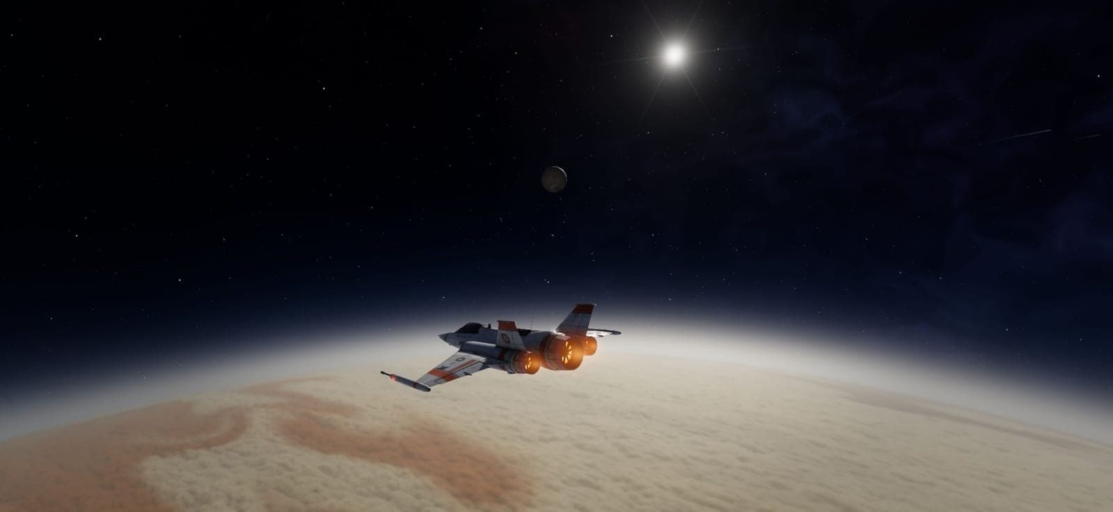 The interceptor banking over pale cloud tops banded with red.