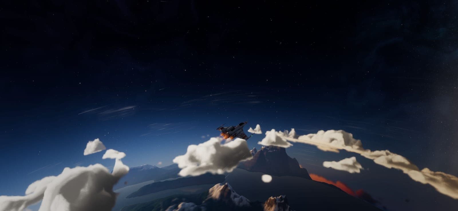The interceptor above sunset-lit clouds and mountains.