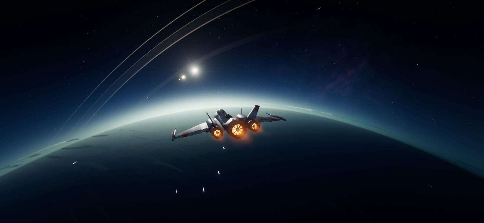 The interceptor over a ringed blue planet, two bright stars on the horizon.