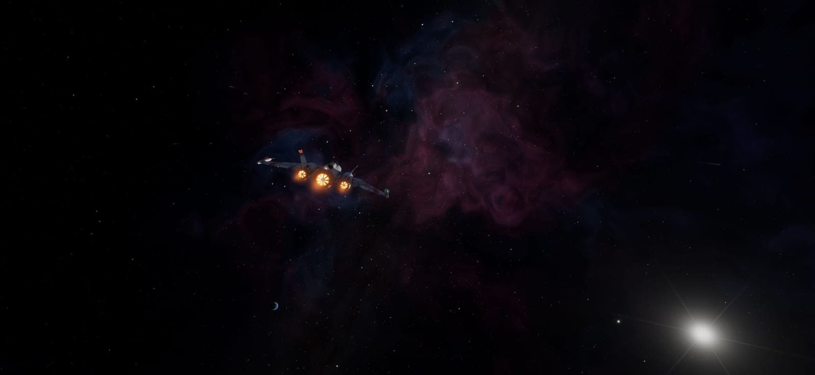 The interceptor in deep space against a purple nebula.