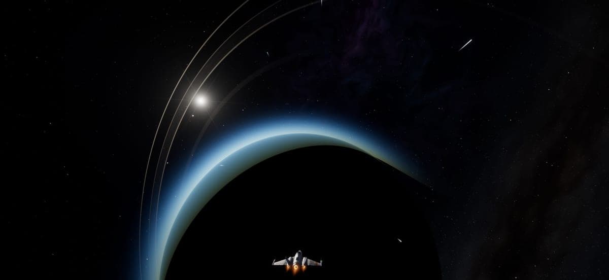 The interceptor small against the thin blue crescent and rings of Tehom.