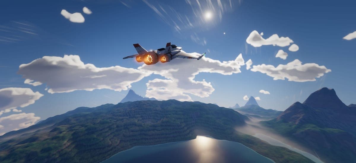 The interceptor over Valen's mountains and clouds, the sea shining beyond.